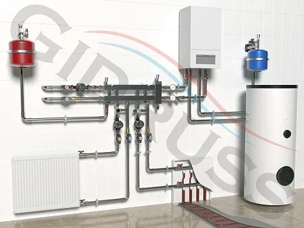 3D-визуализация типового решения схемы отопления частного дома с настенным газовым котлом
