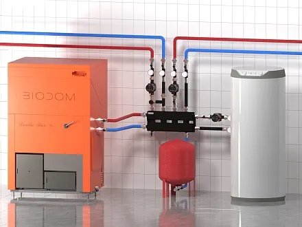 Схема пеллетного котла BIODOM 27С5 для отопления дома радиторами и теплым полом с бойлером