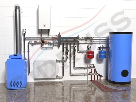 Схема отопления в 3D с напольным газовым котлом и резервным электрическим