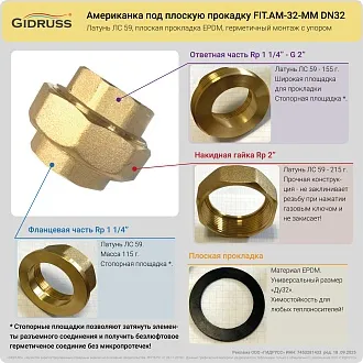 Американка под плоскую прокладку уплотнение FIT.A-32-MM (Rp 1 1/4″, ВР-ВР стопорная площадка)