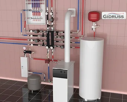 3D визуализация котельной в подвале или цоколе с напольным газовым котлом BAXI SLIM и резервным электрическим