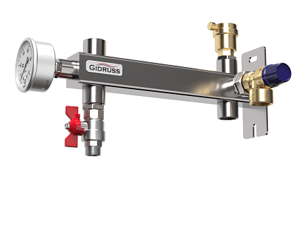 Группа безопасности бойлера до 200 л консольная под расширительный бак до 35 л BKSS-35-15-6W (Aisi 304, в к-те: предохр. клапан Watts ½″ на 6 бар, манометр, воздухоотводчик)