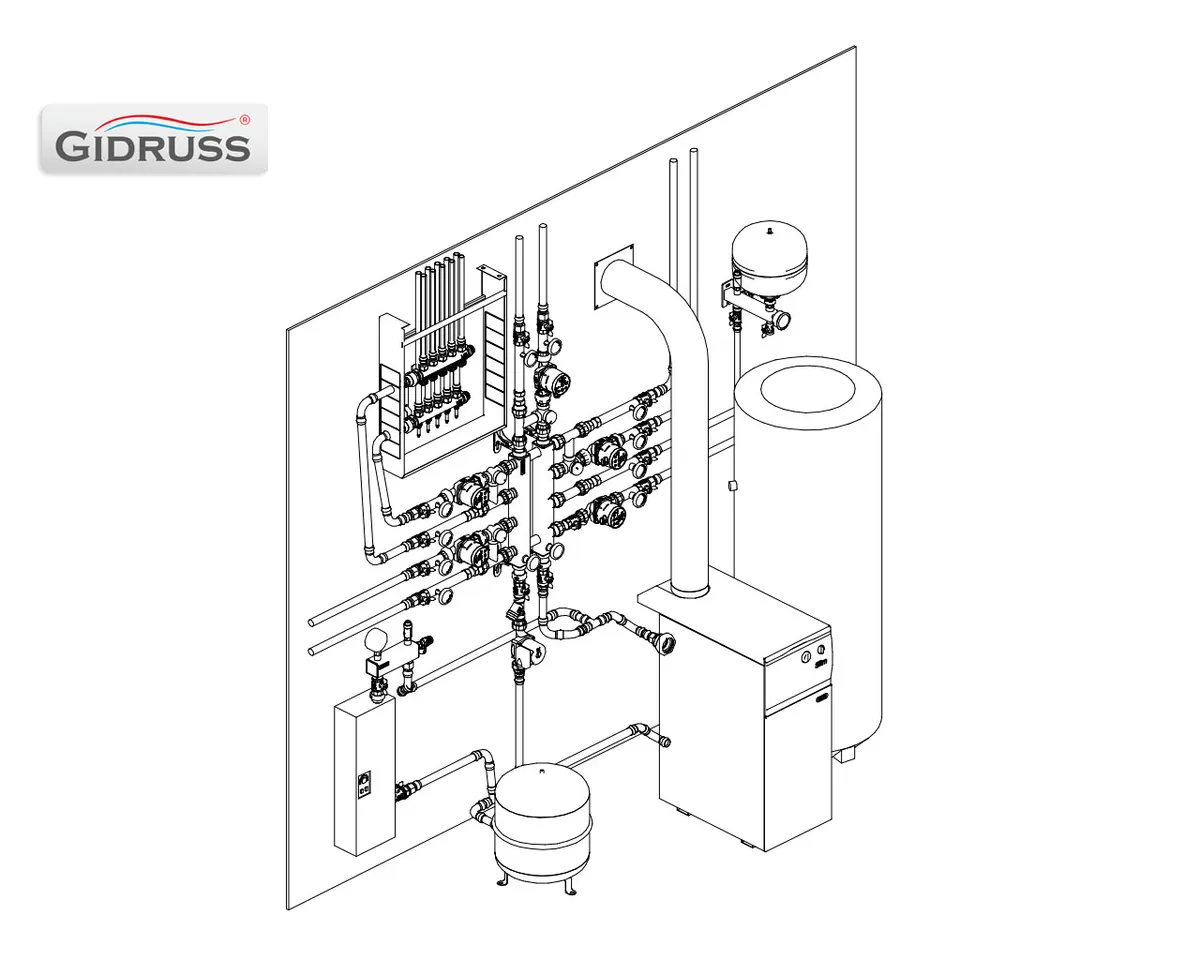 Изометрия котельной в подвале или цоколе с газовым котлом BAXI и резервным электрическим