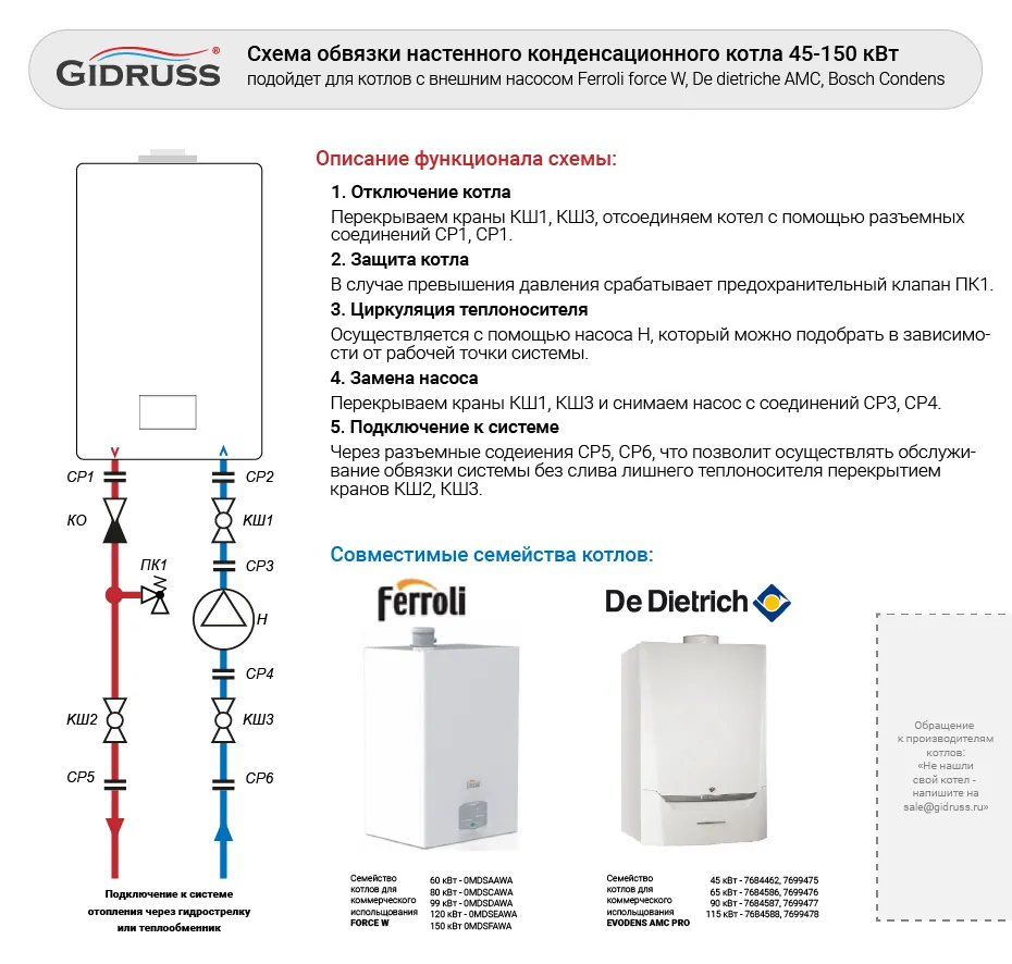 Схема обвязки настенного конденсационного котла 45-150 кВт (детальная картинка)
