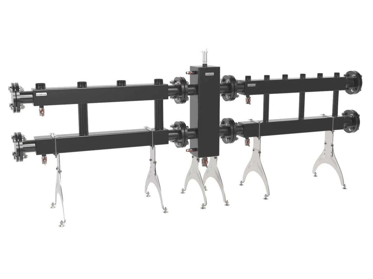 Каскадная котельная до 400 кВт с 2-мя котлами по 200 кВт (G 2″) на 3 потребителя G 1¼″ с возможностью расширения (напольная установка с регулировкой высоты и системой нивелирования)