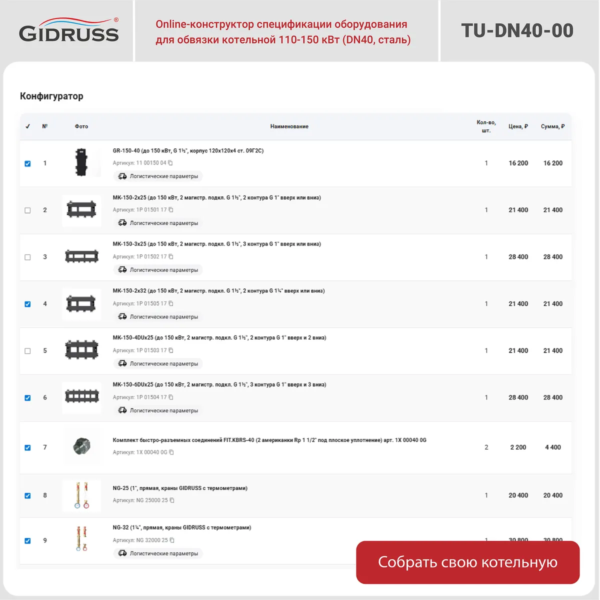 Шаблон спецификации оборудования обвязки котельной 120-150 кВт (DN40, сталь, без котлов) TU-DN40-00